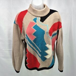 Vintage 80s 90s Adam French Chunky Knit Sweater Geometric Abstract Mock Neck Med